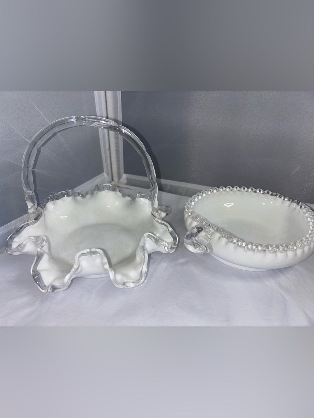 Fenton White Milk Glass Decorative Bowl and Basket Set